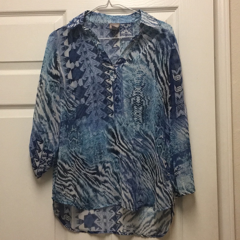 3/4 sleeve blue printed blouse
